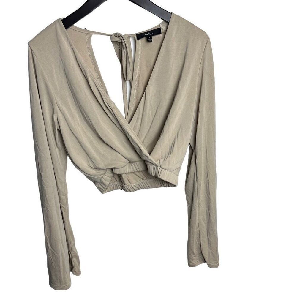 Lulus Tan Bell Sleeve Tie Back Crossover Cropped Top Size Small